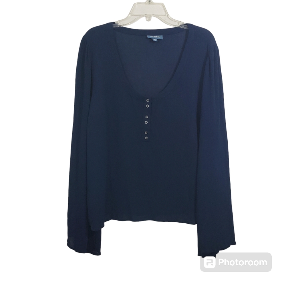 NWOT ModCloth Bells & Giggles Sheer Blouse Navy Blue Flare Sleeve Boho Size XL - Picture 2 of 12